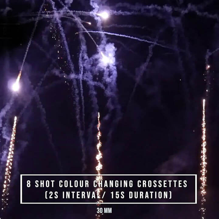 30mm Colour Changing Crossettes – Ricasa Fireworks / Batería multidisparo Crosetes cambio de color de 30mm